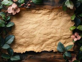 A textured, crumpled paper surrounded by leaves and flowers, ideal for crafting or invitations. photo