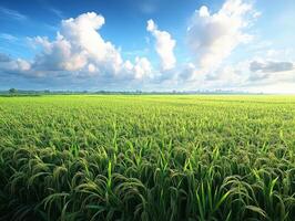 Lush green rice field under a bright blue sky with fluffy clouds. photo