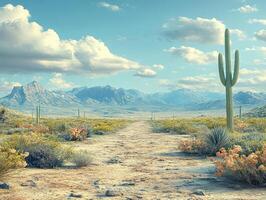 A serene desert landscape featuring cacti, mountains, and vibrant flora under a blue sky. photo