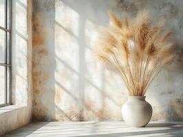 A serene interior featuring a vase of pampas grass against a textured wall and window light. photo