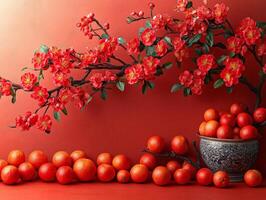 A vibrant display of red flowers and oranges against a red background, symbolizing prosperity. photo