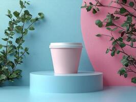 A pink coffee cup displayed on a pastel-colored pedestal with green foliage. photo