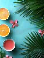 A vibrant tropical arrangement featuring orange slices, pink flowers, and green leaves on a blue background. photo