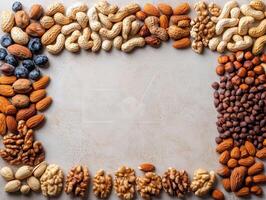 A decorative arrangement of various nuts and berries on a textured surface. photo