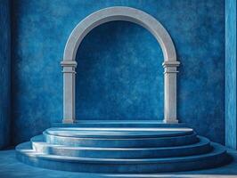 A blue-toned architectural setting featuring a circular arch and tiered platform. photo