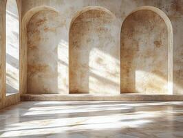 A minimalist interior with arched walls and soft light, creating a serene atmosphere. photo