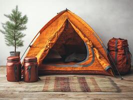 A cozy orange tent set up indoors with backpacks and jars, suggesting a camping theme. photo