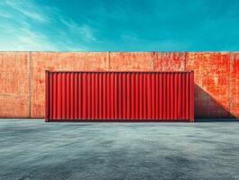 A vibrant red shipping container against a textured orange wall under a clear blue sky. photo