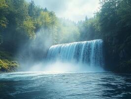 A serene waterfall cascading into a tranquil blue pool, surrounded by lush greenery. photo