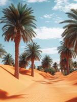 A serene desert landscape with palm trees against a blue sky and sandy dunes. photo