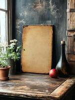 A rustic tabletop scene featuring a blank canvas, an apple, a bottle, and a potted plant. photo