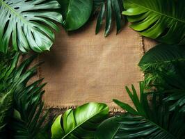 A natural frame of tropical leaves surrounding a textured burlap background. photo