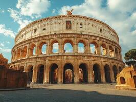 A stunning view of the Colosseum in Rome under a blue sky with scattered clouds. photo