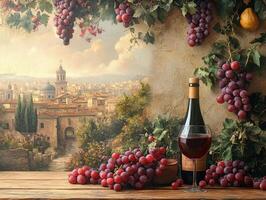A serene still life featuring red wine, grapes, and a picturesque landscape backdrop. photo