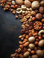 A variety of nuts arranged artistically on a dark surface, highlighting their textures and colors. photo