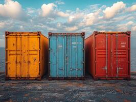 Three weathered shipping containers in vibrant colors by the water under a cloudy sky. photo