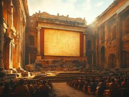 Ancient amphitheater with an empty screen, suggesting a gathering or performance. photo