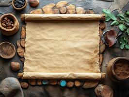 A blank scroll surrounded by natural elements, suggesting a creative or historical purpose. photo