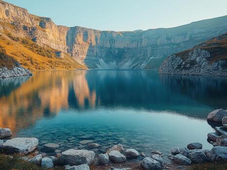 Serene lake surrounded by mountains reflecting in calm waters during golden hour. photo