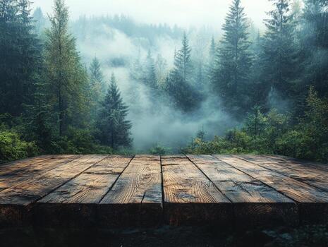A misty forest scene with a wooden platform in the foreground, evoking tranquility. photo