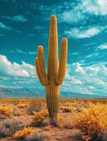 A tall cactus stands against a vibrant sky in a desert landscape. photo