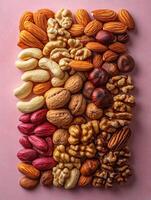 A colorful assortment of various nuts arranged in a visually appealing pattern. photo