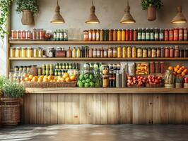 A vibrant market display featuring fresh produce and assorted beverages on wooden shelves. photo