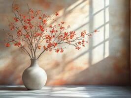 A minimalist vase with orange blossoms against a softly lit background. photo