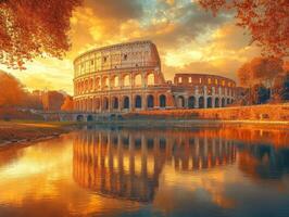 A stunning sunset view of the Colosseum reflected in a serene body of water. photo