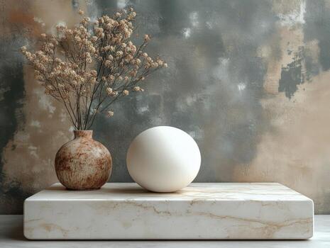un minimalista arreglo presentando un florero con seco flores y un suave esfera en un mármol base. foto
