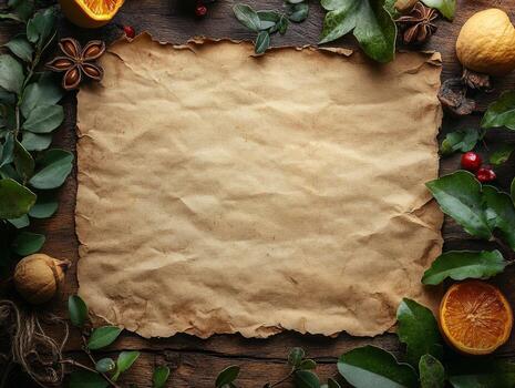A textured parchment surrounded by natural elements for creative or decorative purposes. photo