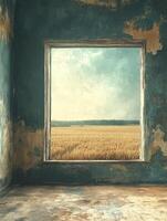 A weathered window frame reveals a serene golden field under a cloudy sky. photo