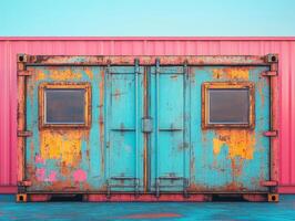 A weathered shipping container with vibrant blue and orange colors against a pink backdrop. photo