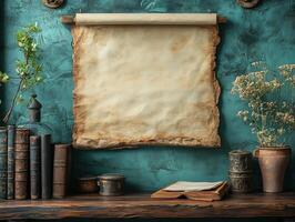 A rustic setting featuring an empty scroll, books, and plants on a wooden shelf. photo