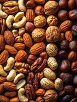 A variety of nuts arranged aesthetically on a dark surface. photo