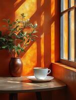A serene corner featuring a cup on a table, illuminated by warm sunlight and plant decor. photo