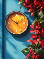 A vibrant orange clock against a blue wall, surrounded by lush red and green foliage. photo