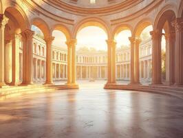 A serene ancient architectural space with arches and soft sunlight filtering through. photo
