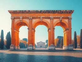 A grand archway with three large arches, framed by trees and a distant building. photo