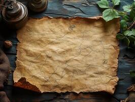 An aged, cracked parchment map with faint markings, suggesting exploration or treasure hunting. photo