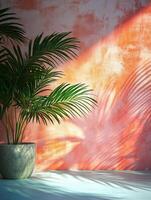 A serene indoor scene featuring a potted plant against a textured wall with soft shadows. photo