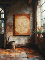 A rustic room featuring a large framed map and potted plants, evoking a historical atmosphere. photo