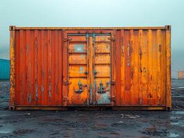 A weathered shipping container in an industrial setting, showcasing rust and wear. photo
