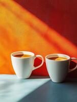 Two white cups of coffee on a colorful backdrop, showcasing a warm, inviting atmosphere. photo