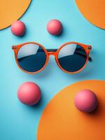 A vibrant arrangement featuring orange sunglasses on a blue background with pink and orange shapes. photo