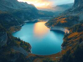 A serene lake surrounded by mountains at sunset, reflecting vibrant colors. photo