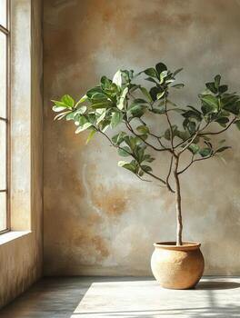 A potted tree stands in a sunlit room, highlighting a serene and natural atmosphere. photo