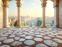 View from an ancient archway overlooking a cityscape with columns and a cobblestone floor. photo