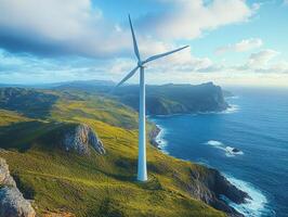 A scenic view of a wind turbine on a cliff overlooking the ocean and green hills. photo