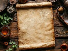An aged map on a wooden surface, surrounded by natural and vintage objects. photo